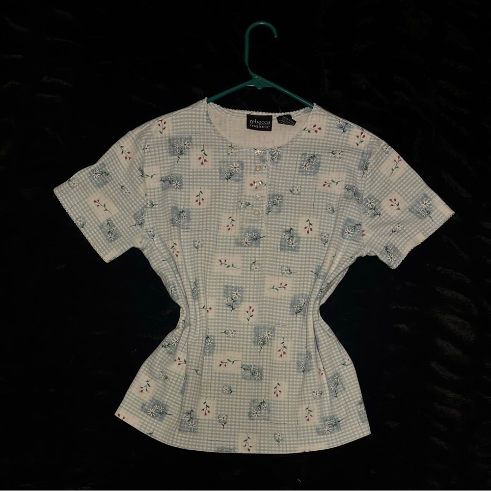 Vintage Y2K Rebecca Malone Blue Gingham Floral Button Top
